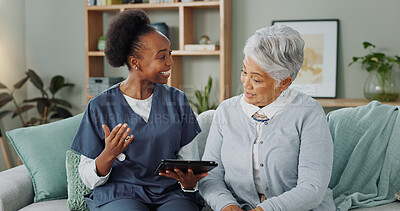 Senior, woman and caregiver with tablet or discussion in nursing home for patient test results or explaining. Elderly, person and nurse with technology for health report or happy for client diagnosis