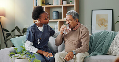Elderly, man and coughing with nurse for healthcare with water, consultation support or chest pain. Senior patient, caregiver or sick with lung cancer, breathing problem or discomfort in nursing home