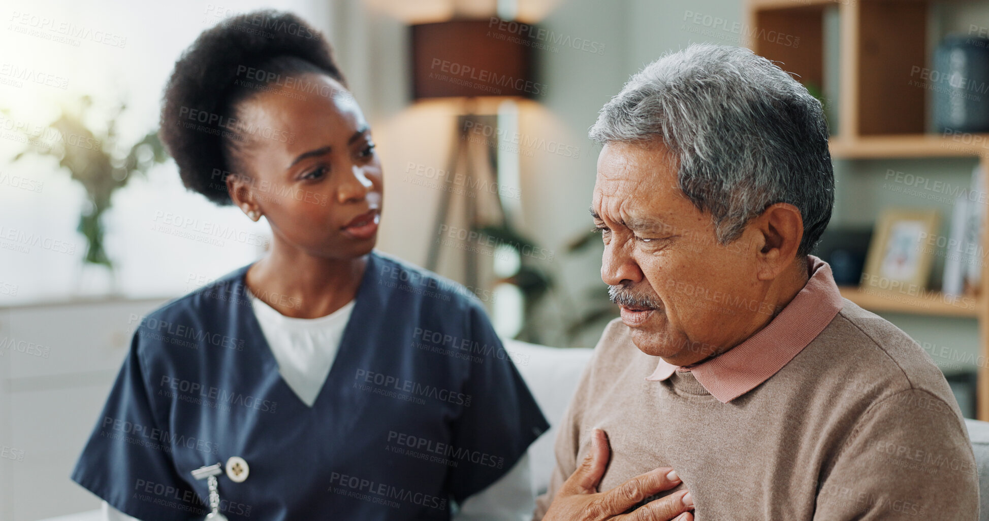 Buy stock photo Senior, man and chest pain with nurse for consultation with water, healthcare support and help. Elderly patient, caregiver or sick with lung cancer, breathing problem or heart attack in nursing home