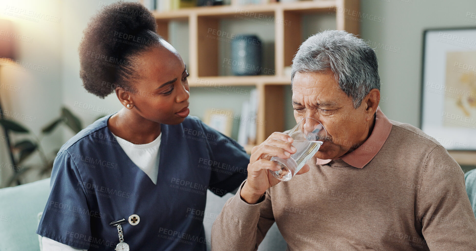 Buy stock photo Senior, man and water from nurse for medicine, healthcare and support for dementia. Sick, patient and elderly caregiver with person in home to help with tablet, supplements and alzheimer drugs