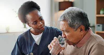 Buy stock photo Senior, man and water from nurse for medicine, healthcare and support for healing tuberculosis. Sick, patient and elderly caregiver with person in home to help with tablet, supplements and drugs