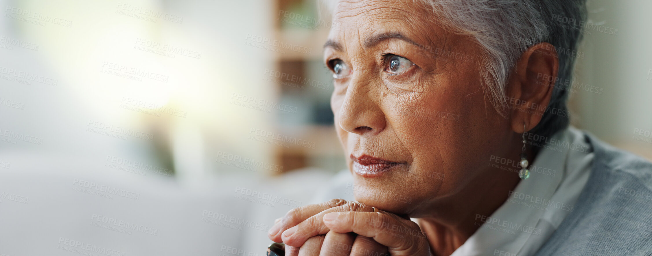 Buy stock photo Elderly woman, closeup and thinking with cane for mental health, retirement and healthcare at nursing home. Senior person with disability, walking stick and sad on sofa for arthritis or dementia