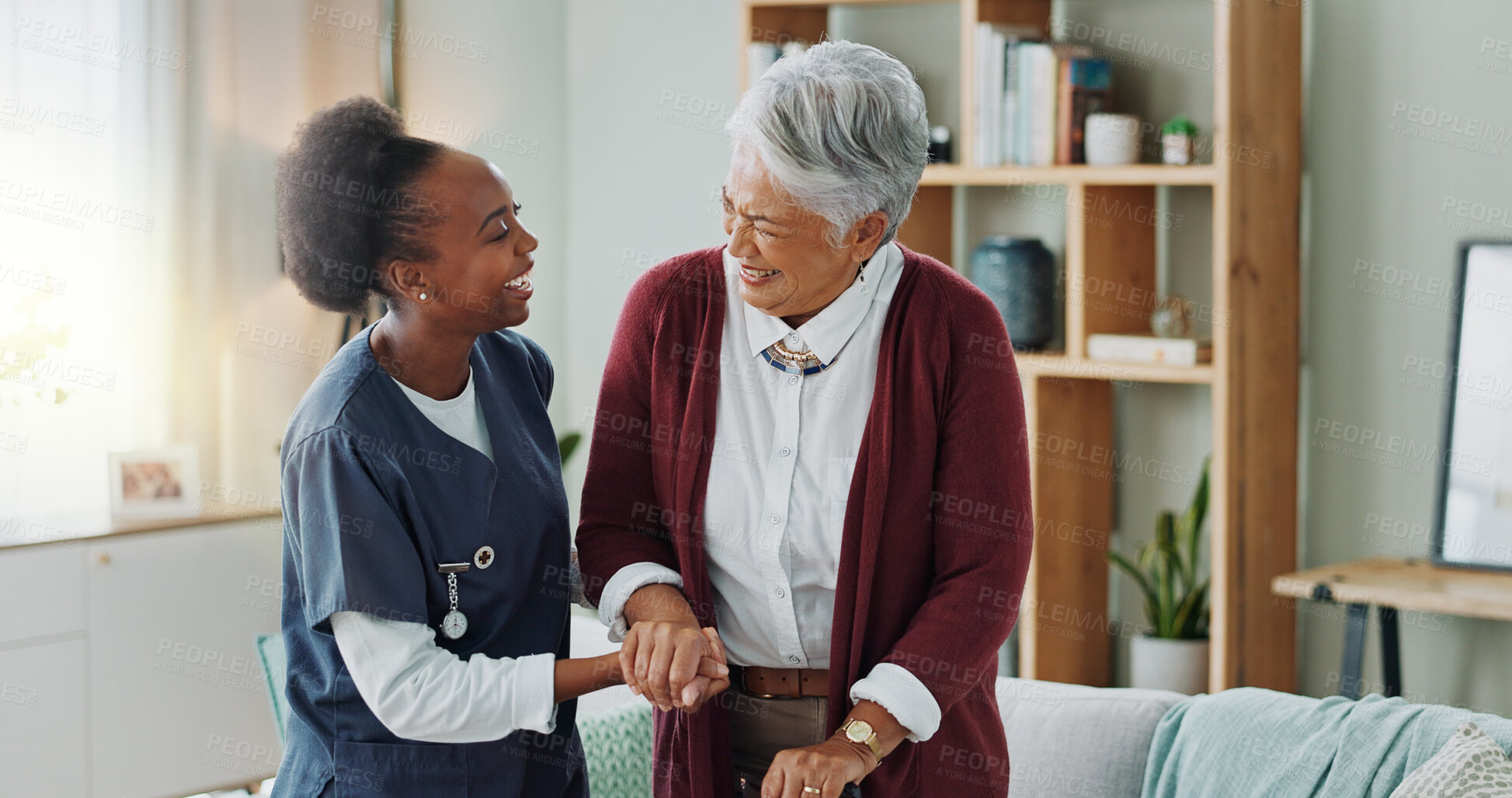 Buy stock photo Elderly, woman and caregiver with help or walking stick for mobility, injury healing and retirement support in nursing home. Senior person, nurse and talking with laughing or medical care in homecare