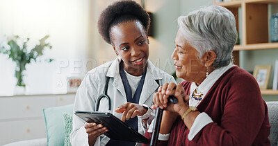Senior, woman and doctor with tablet for consulting with expert advice, explaining medical report or healthcare. Elderly patient, nurse and discussion in nursing home with diagnosis results or listen