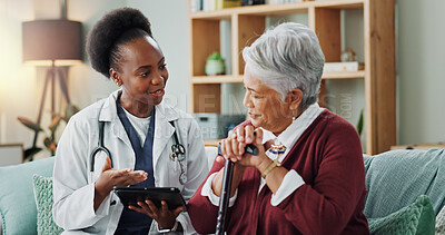 Senior, woman and doctor with tablet for consulting with expert advice, explaining medical report or healthcare. Elderly patient, nurse and discussion in nursing home with diagnosis results or listen