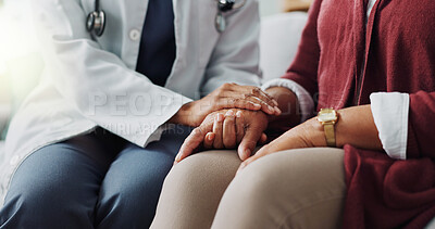 Closeup, hands or care as doctor, patient or healthcare consultation to trust, support or help. People, lab coat or touch as hope, faith or prayer in medical appointment to discuss retirement health