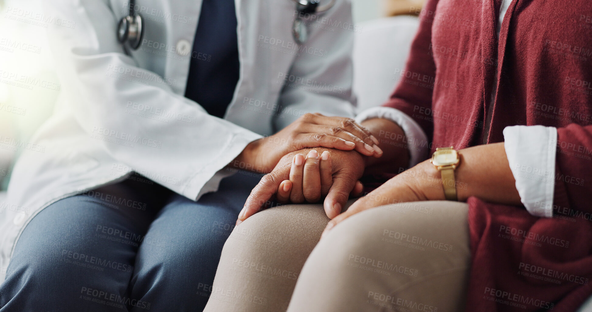 Buy stock photo Closeup, hands or care as doctor, patient or healthcare consultation to trust, support or help. People, lab coat or touch as hope, faith or prayer in medical appointment to discuss retirement health