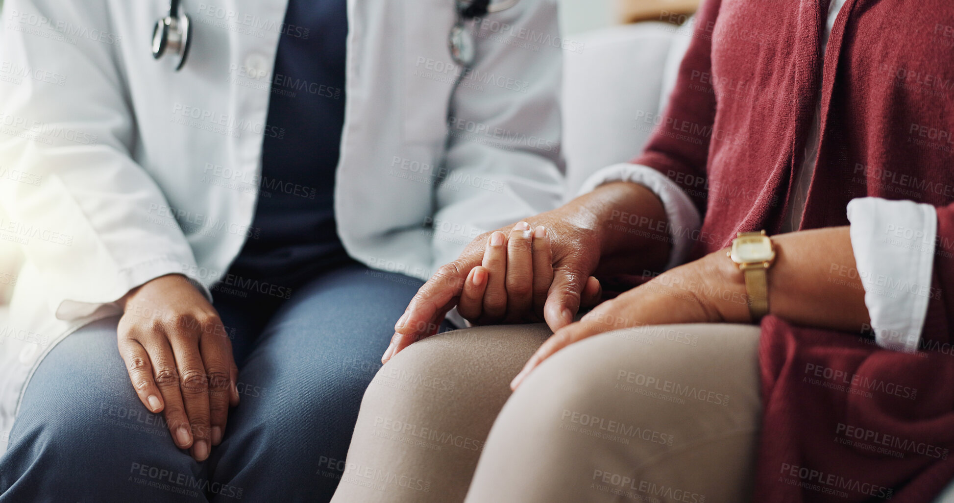 Buy stock photo Closeup, hands or care as doctor, patient or healthcare consultation to trust, support or help. People, lab coat or touch as hope, faith or prayer in medical appointment to discuss retirement health