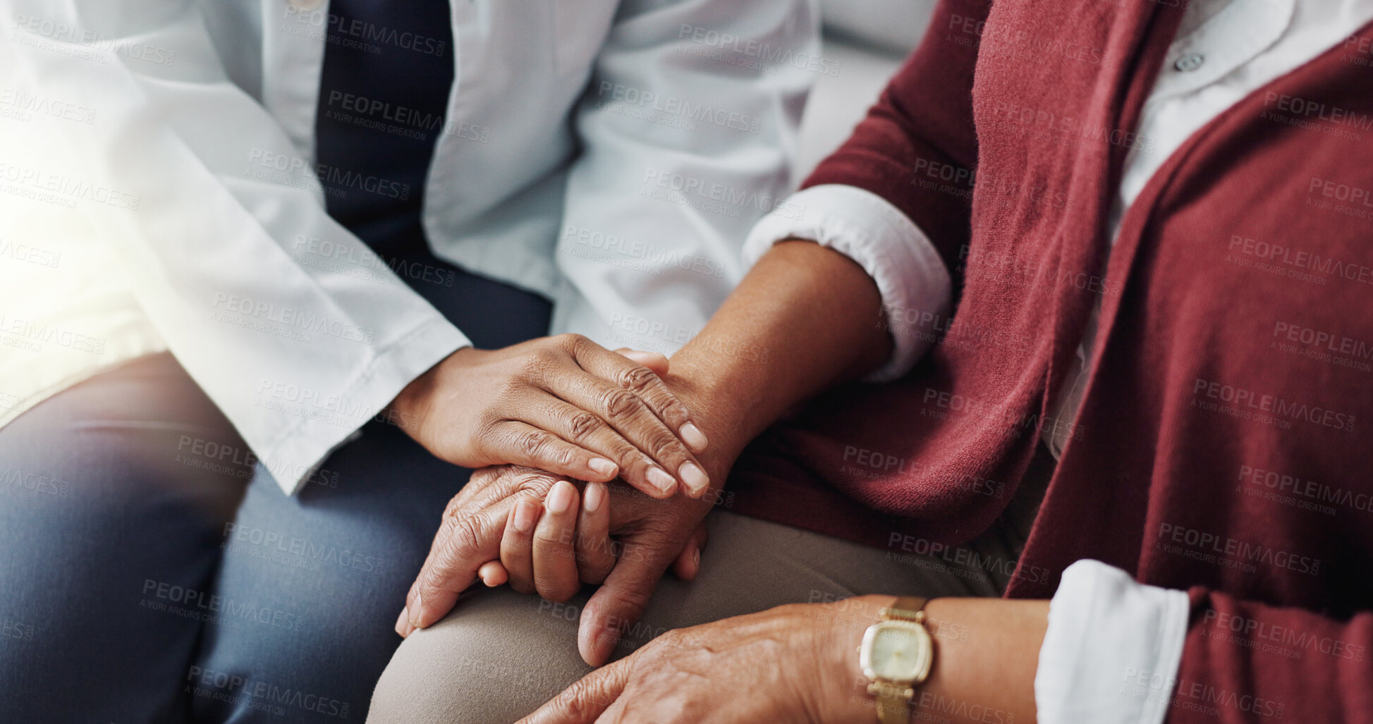 Buy stock photo Closeup, hands or care as doctor, patient or healthcare consultation to trust, support or help. People, lab coat or touch as hope, faith or prayer in medical appointment to discuss retirement health