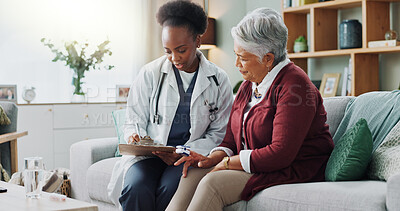 Black doctor, mature patient or paper in consultation, advice or trust as electronic medical record. Female physician, older woman or tech to support, help or discuss in professional health clinic