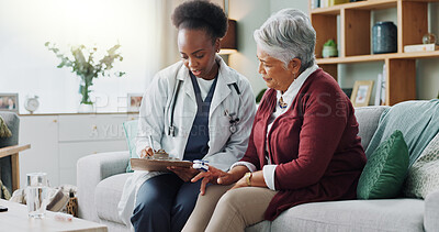 Buy stock photo Black doctor, mature patient or paper in consultation, advice or trust as electronic medical record. Female physician, older woman or tech to support, help or discuss in professional health clinic