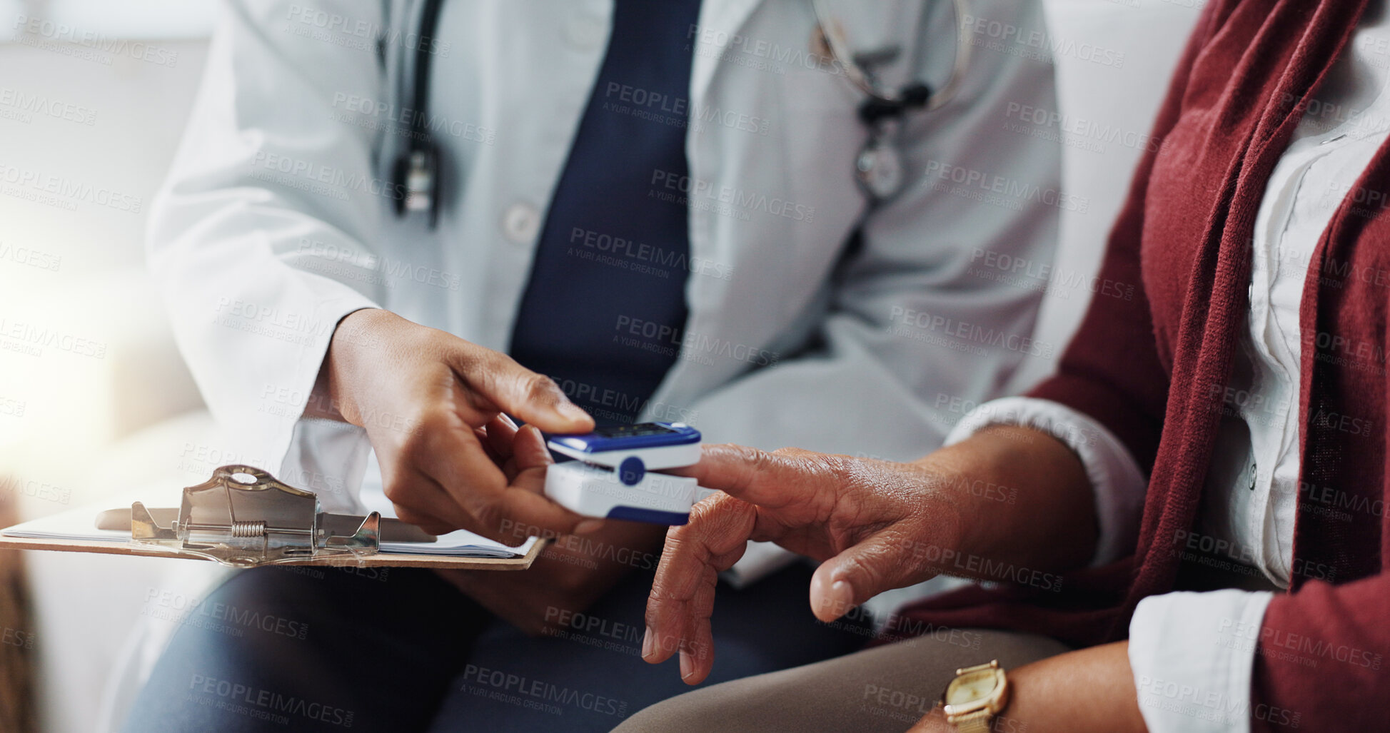 Buy stock photo Closeup, patient or doctor in pulse, oximeter or test as health, support or analysis of blood oxygen. Black healthcare worker, mature woman or digital tech as medical diagnosis tools to monitor risk
