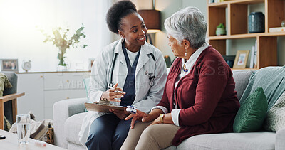 Black doctor, mature patient or paper in consultation, advice or trust as electronic medical record. Female physician, older woman or tech to support, help or discuss in professional health clinic