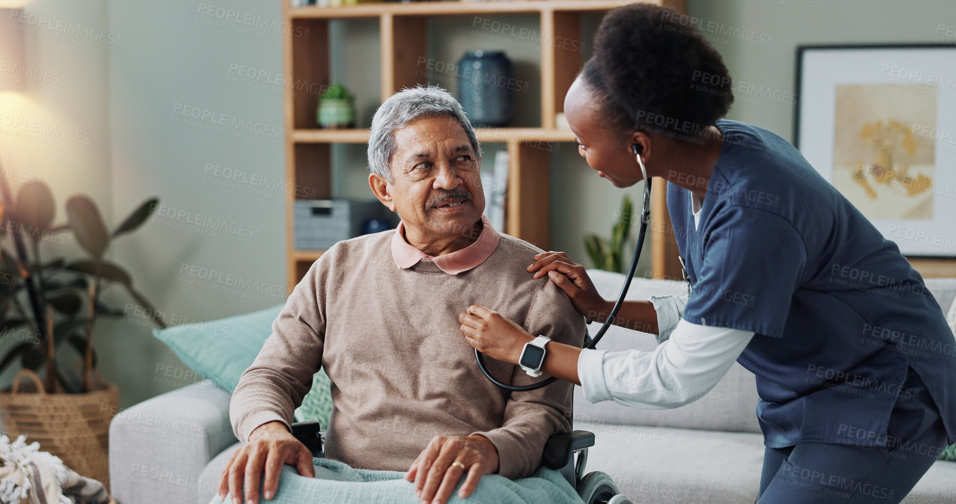 Buy stock photo Senior, man and nurse with stethoscope for cardiology consultation with chest problem and pneumonia symptoms. Elderly patient, caregiver and heart check in nursing home for lung health and healthcare