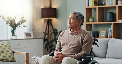 Buy stock photo Old man, wheelchair and thinking sad in home for retirement memory loss or nostalgia thought, wondering or lounge. Mobility aid, contemplating and person with disability in apartment, grief or lonely