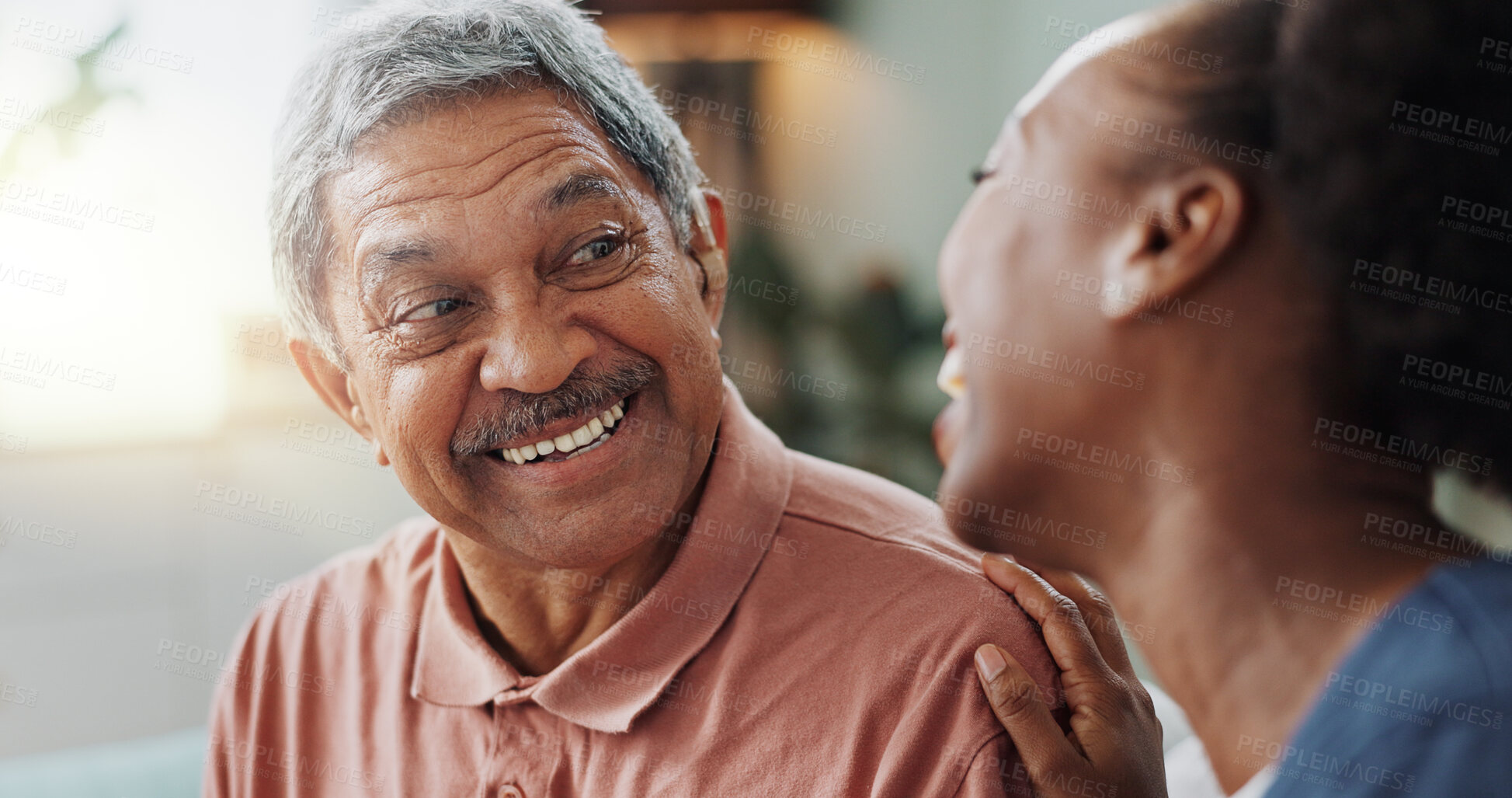 Buy stock photo Nurse, man and hearing aid on ear for medical support, wellness and innovation of disability. People, healthcare worker and deaf patient with audiology implant, service or help for sound waves