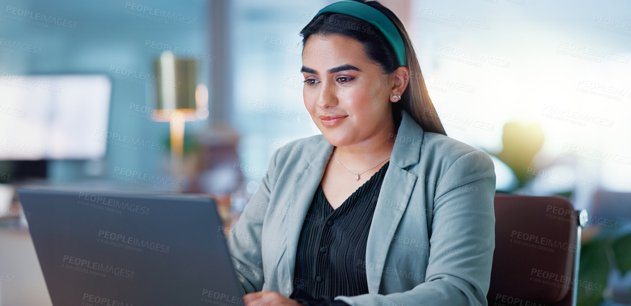 Buy stock photo Typing, office and woman with laptop, thinking and problem solving with connection, internet and planning ideas. Research, networking and girl with computer, website admin and consulting with email