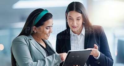 Buy stock photo Laptop, tablet and collaboration with business people at night in the office together for teamwork. Technology, smile and a happy employee team of women working on a project or report in the evening