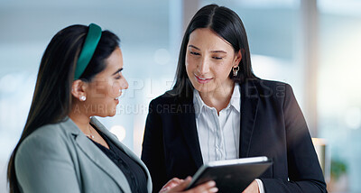 Buy stock photo Laptop, tablet and collaboration with business people at night in the office together for teamwork. Technology, smile and a happy employee team of women working on a project or report in the evening