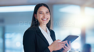 Buy stock photo App, portrait and tablet with business woman in office for learning, reading or research. Internet, software or technology and smile of professional employee in corporate workplace for email feedback