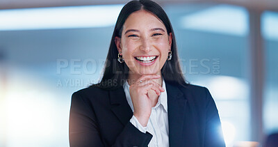 Buy stock photo Woman, business and smile in portrait at office for career, or happiness for corporate job in finance. Female person, workplace and cheerful or employee at company, accountant or advisor with hand