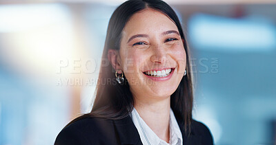 Buy stock photo Portrait, smile and confident as businesswoman in office at workplace with happy in corporate or career. Female person, professional and cheerful as human resources, employee or consultant in company