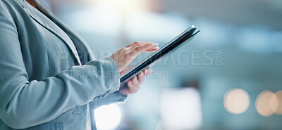Hands, tablet and a corporate person closeup in the office for research as a professional manager. Technology, management and planning with a business employee searching or scrolling in the workplace