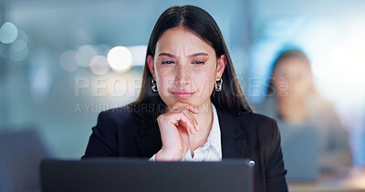 Buy stock photo Woman, laptop and reading in night, office and thinking for problem solving for online legal consultation. Person, attorney or advocate with computer, research and investigation at corporate law firm