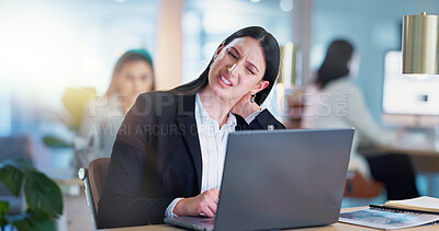 Buy stock photo Neck pain, business and woman with laptop, stress and fatigue with internet, planning ideas in coworking space. Research, networking and tired girl with computer, website admin and exhausted at desk.