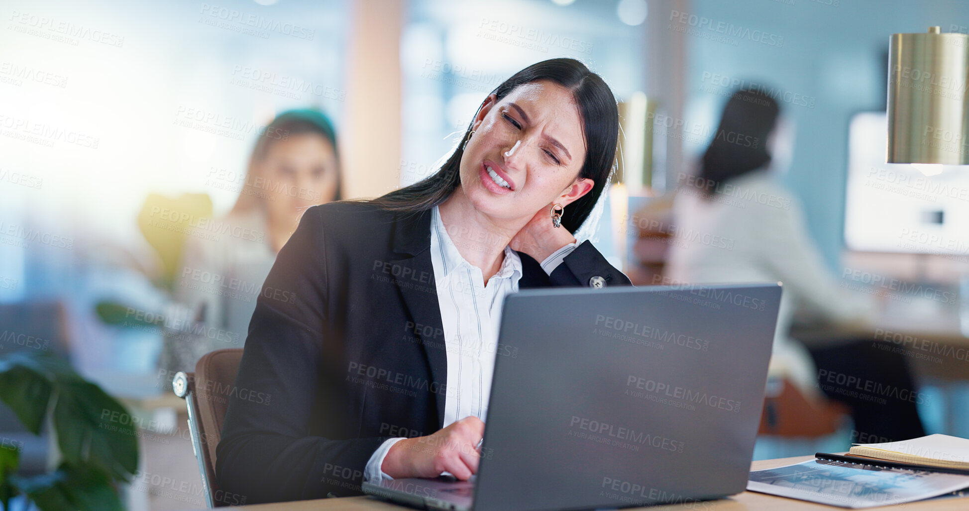 Buy stock photo Neck pain, business and woman with laptop, stress and fatigue with internet, planning ideas in coworking space. Research, networking and tired girl with computer, website admin and exhausted at desk.