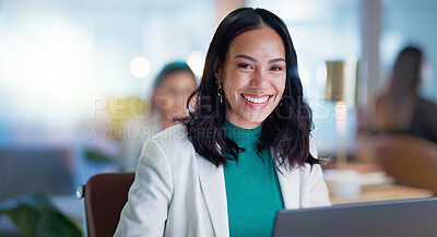 Buy stock photo Portrait, office and happy woman with laptop, confidence and consulting business for online research agency. Planning, networking and woman with computer, financial administration and support at desk