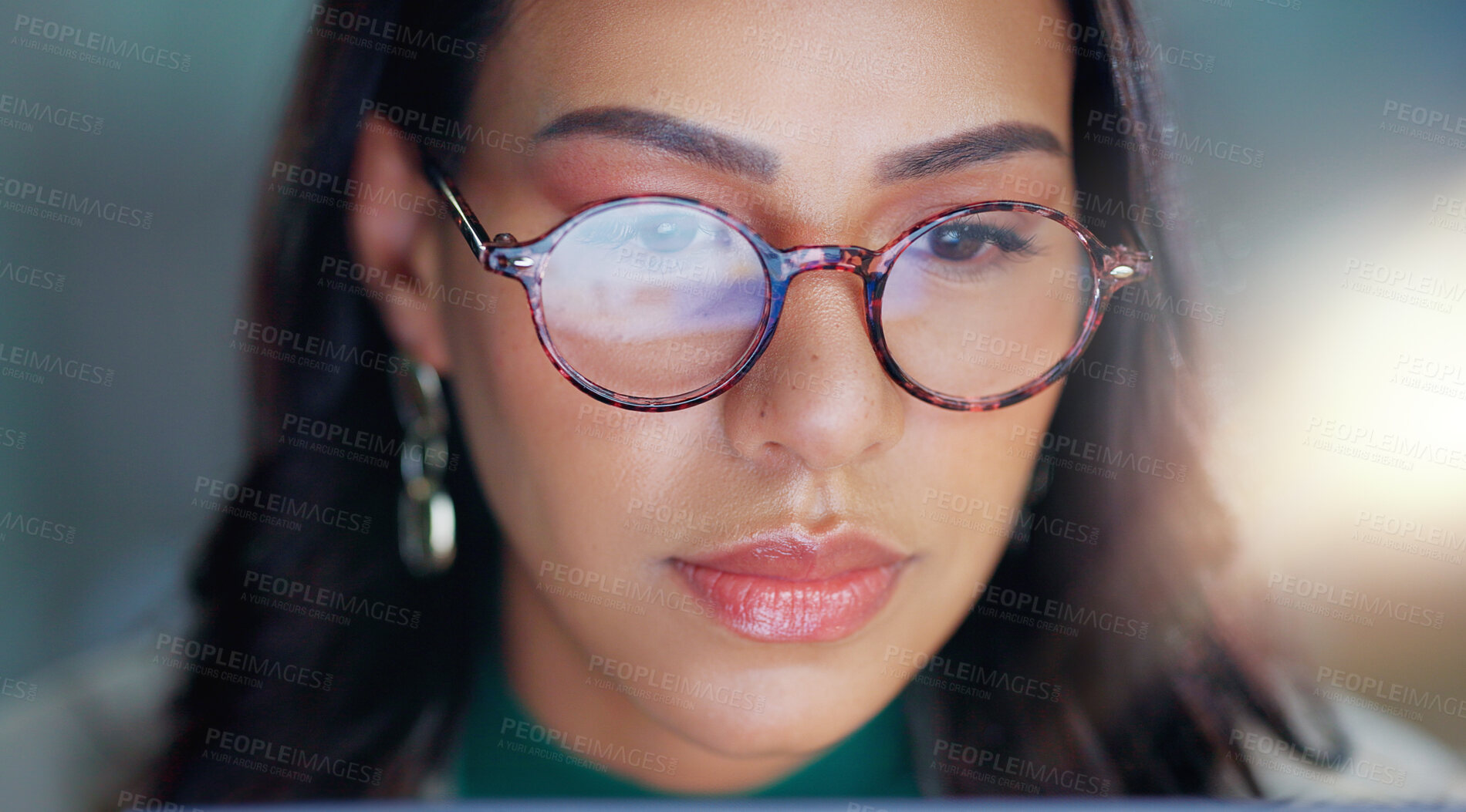 Buy stock photo Technology, glasses and business woman with office, research and legal corporate project. Lady, vision and professional female attorney working on law case with computer in consultant workplace