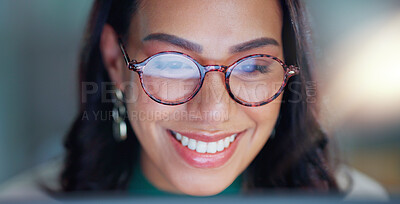 Buy stock photo Desktop, glasses and business woman in the office doing research for legal corporate project. Smile, vision and professional female attorney working on a law case with computer in modern workplace.