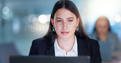 Buy stock photo Lawyer, woman and laptop in night, office and thinking for problem solving with online legal consultation. Person, attorney or advocate with computer, research and investigation at corporate law firm