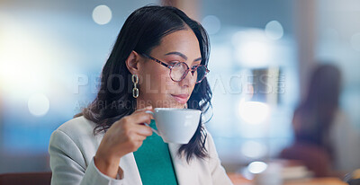 Buy stock photo Business, office and woman with coffee, thinking and opportunity with ideas, employee and brainstorming. Person, worker or consultant with tea, decision and espresso with decision, choice and startup