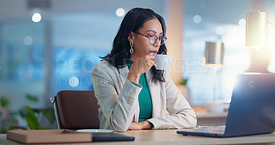 Buy stock photo Office, business and woman with laptop, coffee and reading with internet connectivity, planning and relax. Research, networking and girl with computer, website admin and consulting with drink in cup