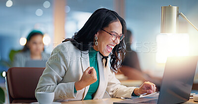 Buy stock photo Woman, fist and celebration in office by laptop with wow, winning and success with financial achievement in night. Person, employee and pc with cheers, goals and profit with trading on stock market