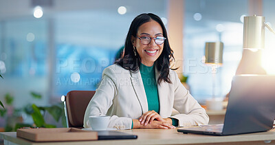 Buy stock photo Portrait, office and woman with laptop, glasses and confidence for consulting, research and business. Planning, networking and girl with computer, financial administration and happy smile at desk