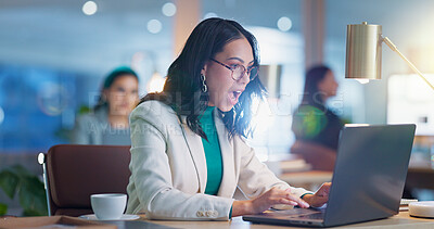 Business, celebration and woman with a laptop, excited and thinking with connection, employee and achievement. Person, worker or consultant with a pc, cheering and happiness with email, app and smile