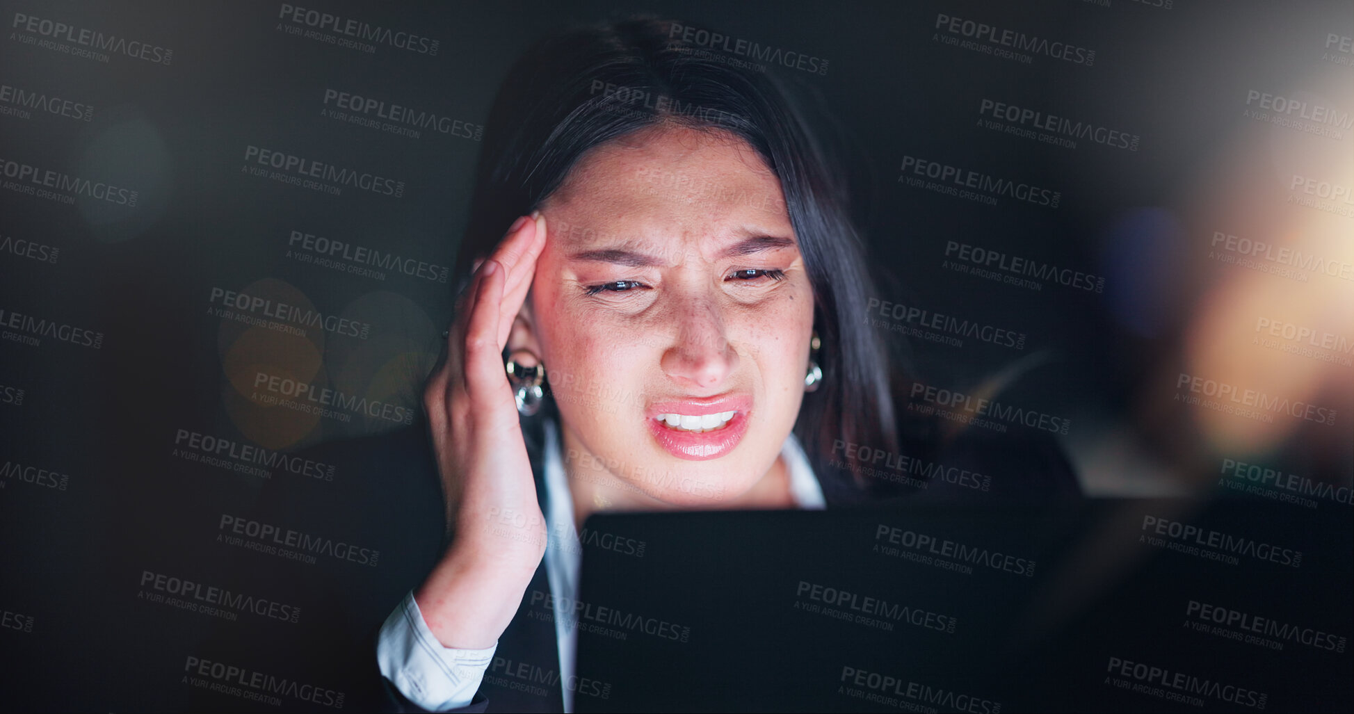 Buy stock photo Night, business and woman with laptop, headache and stress with exhausted connection. Research, networking and tired girl with computer, website and consulting with fatigue, burnout and dark office.