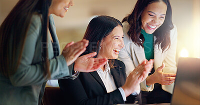 Buy stock photo Corporate, business women and clapping in office for success, congratulations or celebration with laptop. Applause, winning and happy employees for company target, promotion or achievement at night