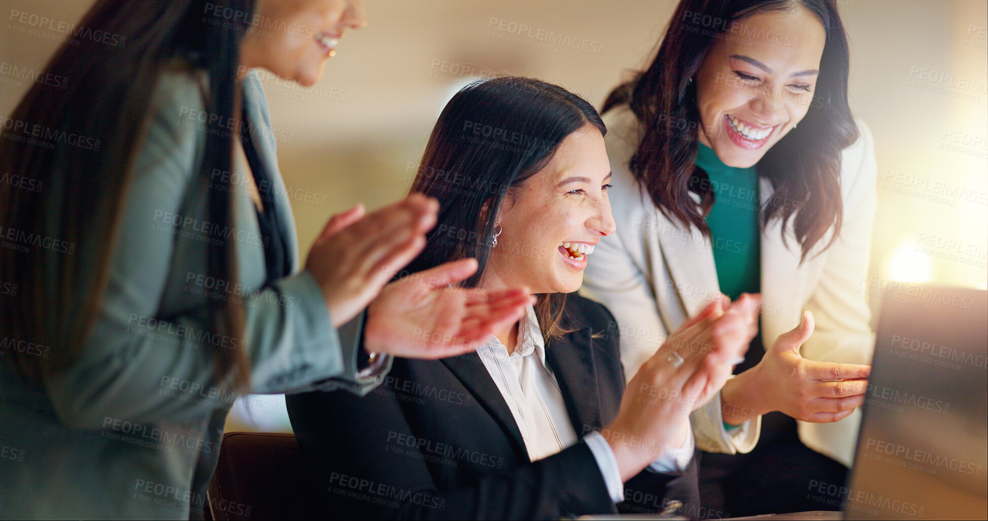 Buy stock photo Corporate, business women and clapping in office for success, congratulations or celebration with laptop. Applause, winning and happy employees for company target, promotion or achievement at night