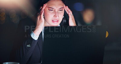 Buy stock photo Woman, computer and headache in stress, burnout or anxiety for project, deadline or due date in working late. Female person, laptop and confused in office as lawyer, legal representative or paralegal