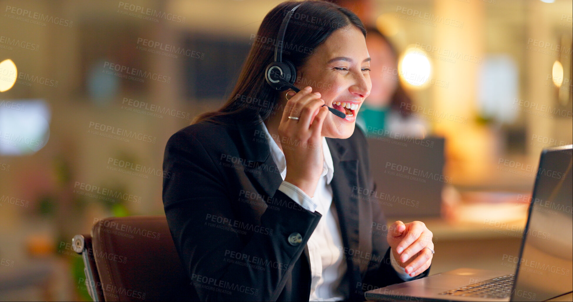 Buy stock photo Woman, headphone and mic with laptop on call as contact center, agent or sales representative in office. Female person, consultant and virtual assistant at workplace for technical, support or chat