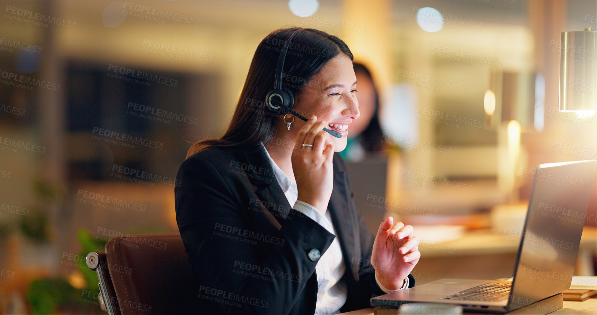 Buy stock photo Woman, call center and laptop with mic in office with talking for customer service, help desk and contact us. Lawyer, consultant and happy by computer for legal advice, listen and headphones in night