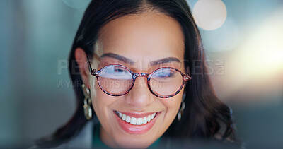 Desktop, glasses and business woman in the office doing research for legal corporate project. Smile, vision and professional female attorney working on a law case with computer in modern workplace.