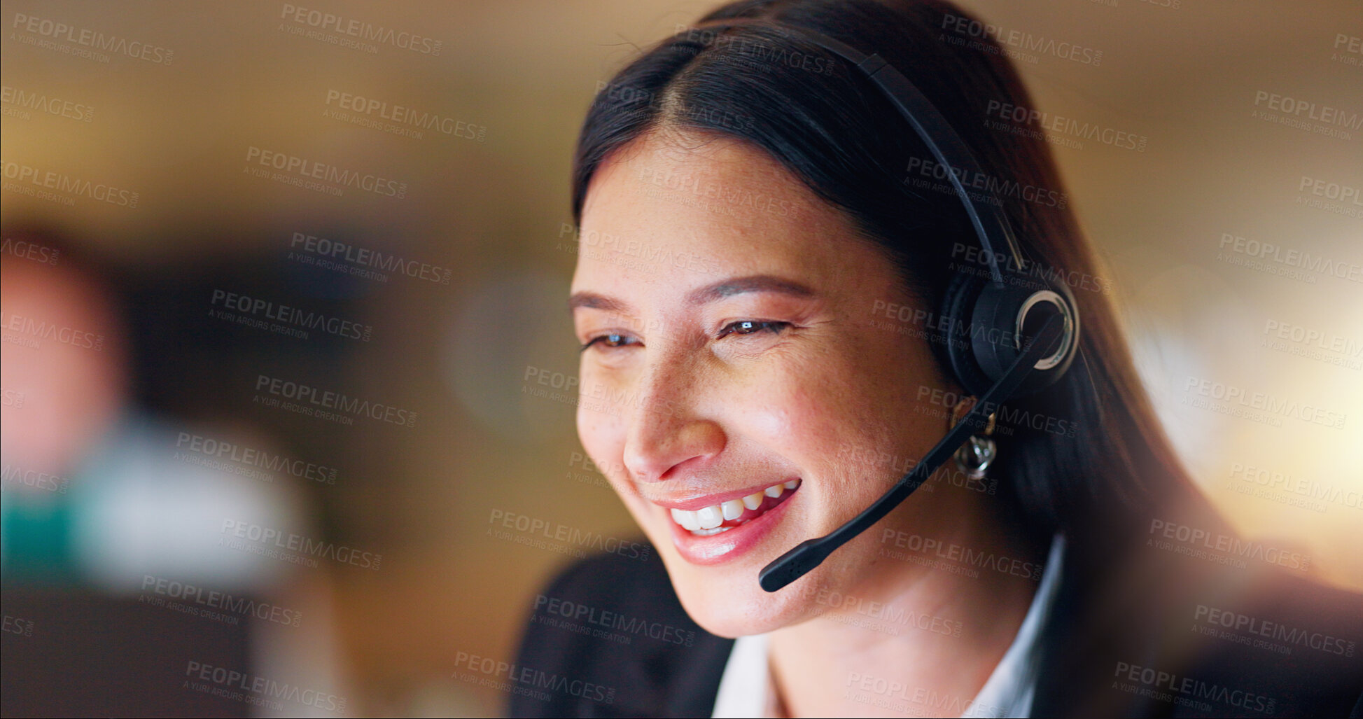 Buy stock photo Woman, telemarketing and consulting at night in office for customer service, CRM advisory and funny communication. Face, agent and laugh in call center for telecom support, FAQ contact and questions