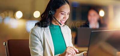 Call center, computer and woman consulting at night in office for customer service, CRM advisory and sales. Happy virtual assistant laugh at laptop for telecom support, communication or telemarketing