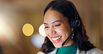 Call center, smile and woman consulting at night in office for customer service, CRM advisory or solution. Face of sales agent laugh for telecom support, FAQ communication or telemarketing questions