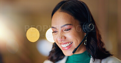 Call center, smile and woman consulting at night in office for customer service, CRM advisory or solution. Face of sales agent laugh for telecom support, FAQ communication or telemarketing questions